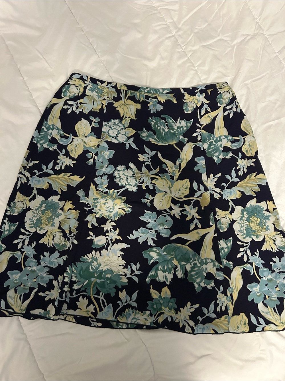 Norton McNaughton Navy Floral A-Line Skirt with Teal and Cream Blooms